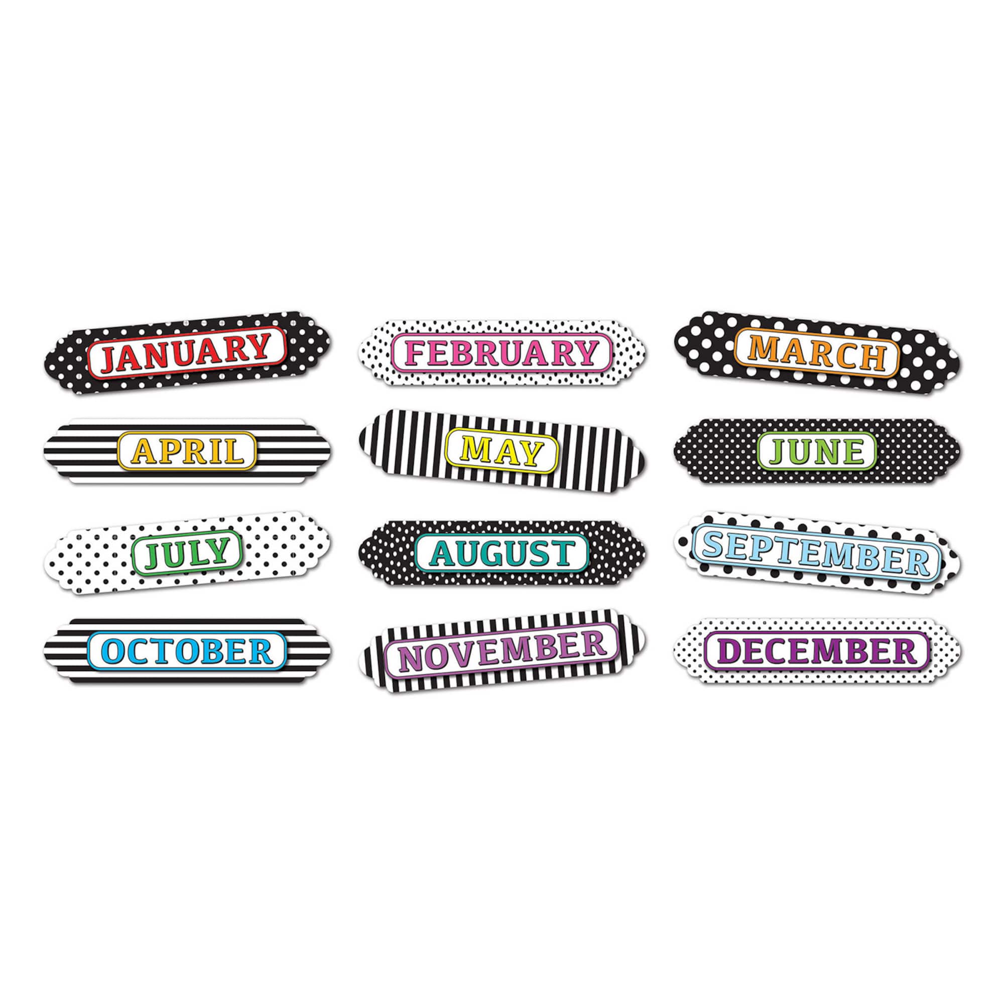 Ashley Productions Months of the Year Black & White Assorted Patterns Magnetic Die-Cut Timesavers & Labels, 3 Packs of 12